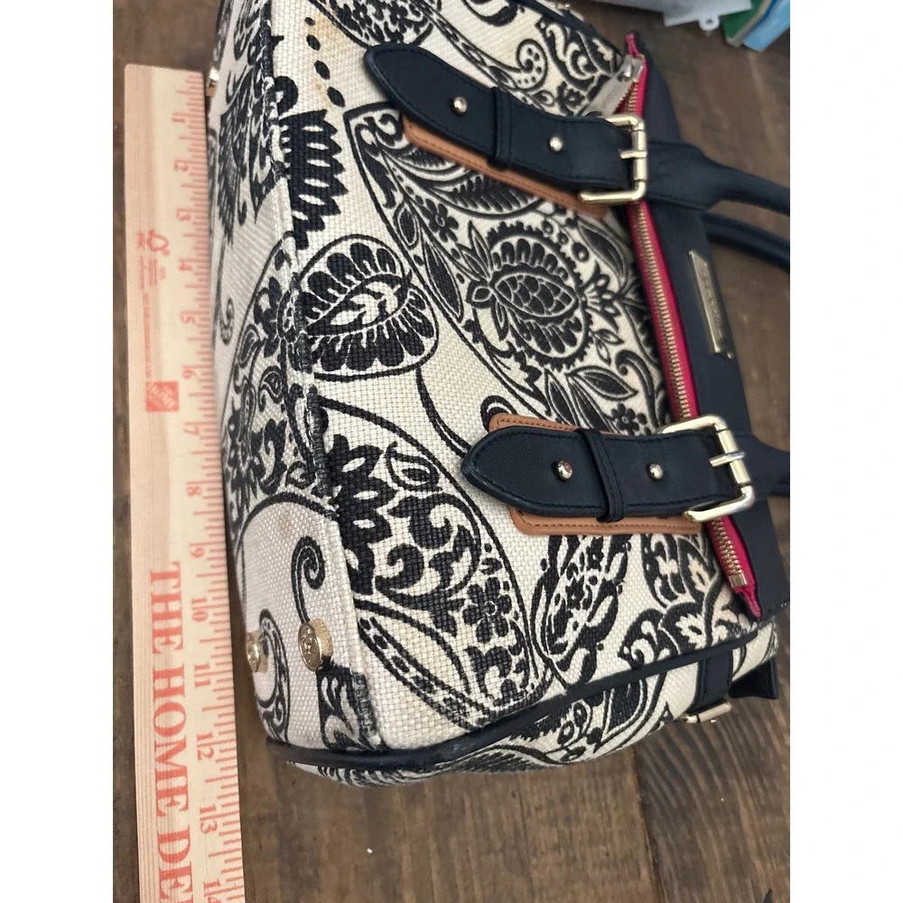 Spartina 449 Satchel Bag Black Cream Paisley Linen Leather Trim Gold Hardware
